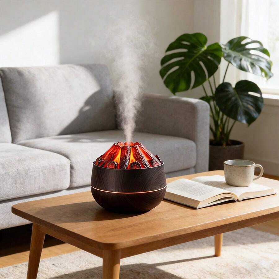 1pc 300ml Desktop USB Realistic Volcano Campfire Humidifier, Quiet Cold Mist Aromatherapy Diffuser With Wood Grain And Breathing LED Night Light, Suitable For Bedroom Home Office - Mist - View 1