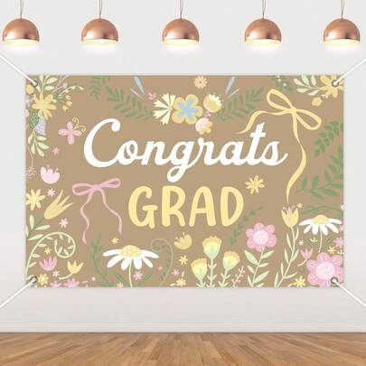 1pc Floral Graduation Banner Backdrop For Women – Congrats Grad Banner With Hand-Drawn Flowers  Boho Botanical Style Graduation Party Decoration Grad Photo Background For College Or High School