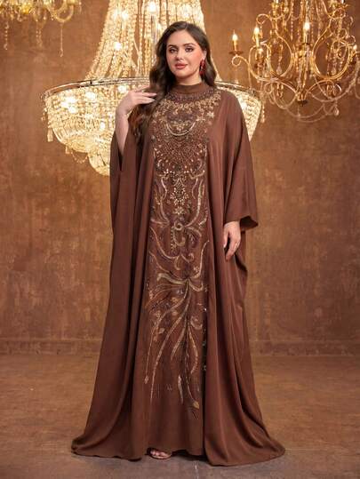  UNITHORSE Women's [Random Cut] Stand Collar Batwing Sleeve Long Luxury High-End Elegant Sequin Lace Splice Matte Satin Women Robe Dress Spring