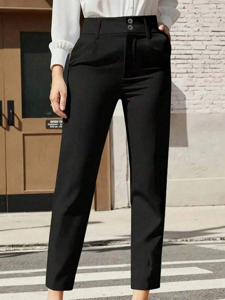 Women's Casual Business Solid Color High Waist Double Button Design Slant Pocket Slim Fit Skinny Pants - Màu Khaki - Xem 1