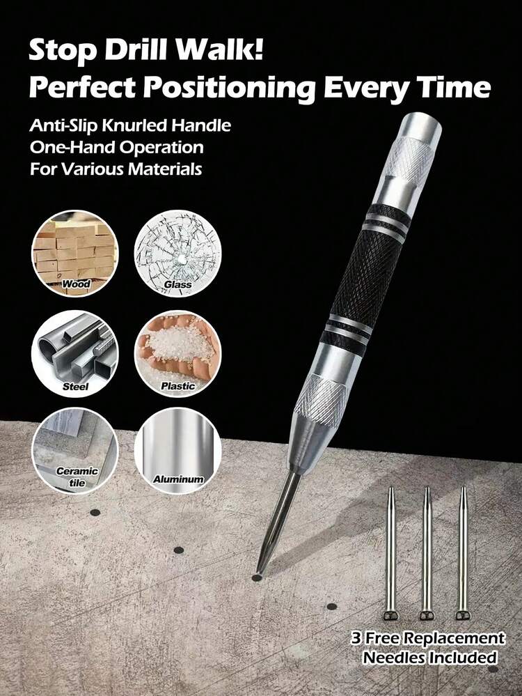 Automatic Center Punch 4PCS Pack Free 3 Replacement Needles - Adjustable Tension Heavy Duty Spring Loaded Hole Punch - Anti-Slip Steel Handle One-Hand Operation For Metal Wood Glass Car Emergency Hand Tool Accessories - Multicolor - View 2