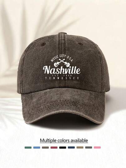 1顶“美国音乐之城纳什维尔”字母印花棒球帽，复古美式简约休闲百搭时尚，高品质装饰配件，适合户外活动，男女通用