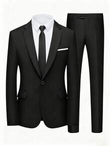 Sophisticated Men's Two-Piece Suit Set, Including A Blazer And Trousers. Stylish And Casual, Suitable For Formal Occasions And Weddings. - Black - View 3