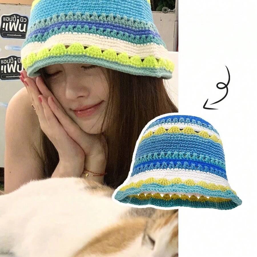 Women's Handmade Crochet Hollow Out Fisherman Hat Colorful Cute Color Block Korean Fashion Bucket Hat - 5 - 查看 1