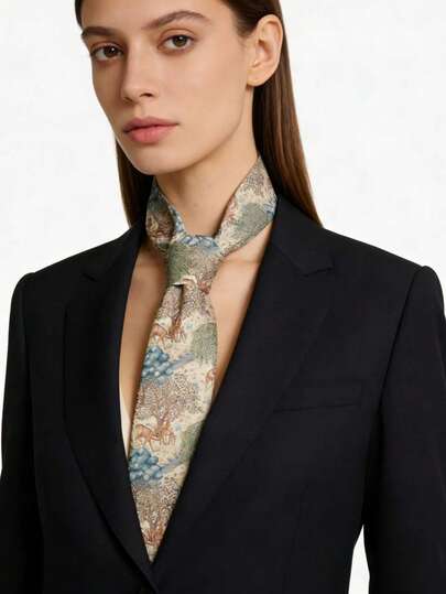  1pc Vintage Printed Necktie, Handmade Formal/Casual Accessory With Green Floral & Animal Pattern, Suitable For Men And Women