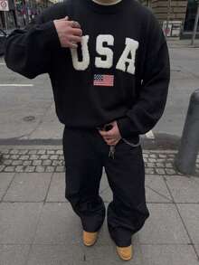 ANDREILEE Sweater Rajut Lengan Panjang Leher Bulat Kasual Unisex dengan Motif Huruf dan Bendera Amerika, Cocok untuk Musim Gugur dan Musim Dingin - Hitam - View 1