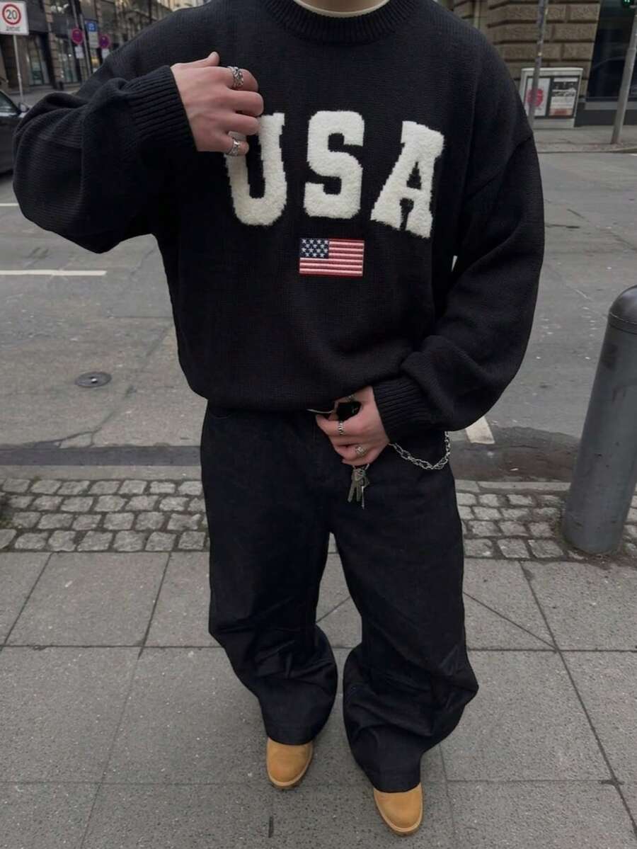 ANDREILEE Sweater Rajut Lengan Panjang Leher Bulat Kasual Unisex dengan Motif Huruf dan Bendera Amerika, Cocok untuk Musim Gugur dan Musim Dingin - Hitam - View 1