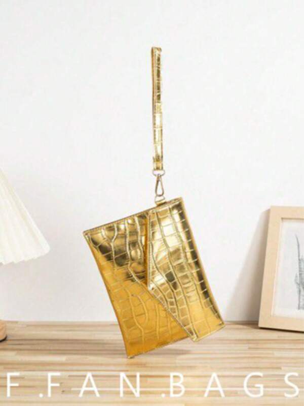 1pc Gold Crocodile Embossed PU Leather Clutch Bag With Metal Chain, Suitable For Women/Girls, Can Be Used As Shoulder Bag, Coin Purse, Perfect For Party, Evening, Shopping, Commuting, Travel, Etc. This Party Bag Pairs Perfectly With Holiday Party Dresses, Evening Gowns And Sequin Dresses, Making It The Perfect Choice For Parties, Weddings, Galas And Formal Events.