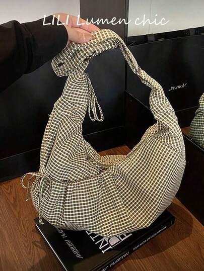 Japanese-Style Niche Casual Fashion New Large-Capacity Canvas Tote Bag For Women With Pleated Drawstring, Shoulder And Crossbody Bag, Checkered Bean Green, High-Appearance Versatile Shoulder Bag, Dumpling Bag With Smooth Metal Zipper Closure, Top Shoulder Strap Adjustable At Will, Long Strap Design Suitable For Women For Dates, Commuting, Business Trips, Travel, Vacation, And Daily Commuting.