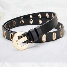 1条几何图案休闲朋克风PU皮腰带，无扣椭圆形孔眼时尚腰带，适合所有季节 - 白色 - 查看 4