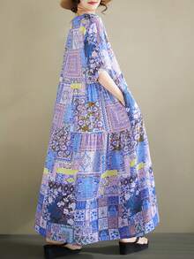 AZAH 2026夏季大尺碼女款波希米亞風藍色花卉印花短袖飄逸長洋裝，附口袋休閒針織面料長洋裝 - 藍色 - 查看 5