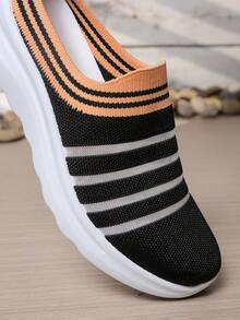 Lyca Pital Women's Knitted Mule Slippers, Colorblock Striped Breathable Mesh, Lightweight Soft Sole For Daily Wear - Black - View 7