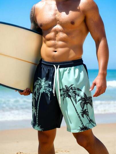 Men's Summer Beach Shorts, Hawaiian Beach Outdoor Sports Colorblock Coconut Tree Tropical Plant Art 3D Digital Print Casual Daily Holiday Single Layer Drawstring Beach Shorts