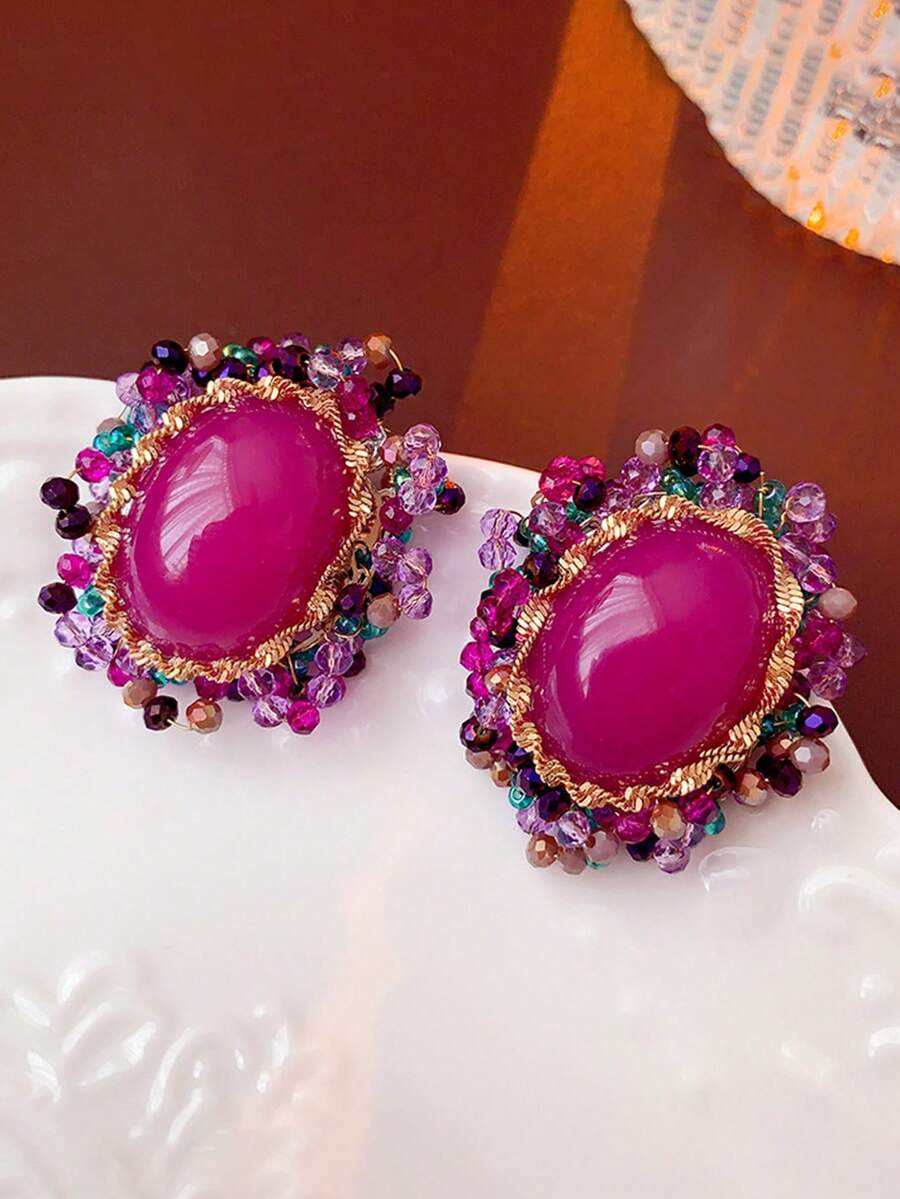 1 paire de boucles d'oreilles ovales en faux cristal rouge rose, boucles d'oreilles de style rétro à la mode pour femmes, convient pour les vacances et les fêtes - Rose vif - Voir 1