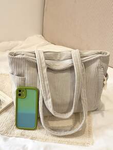 1个大容量灯芯绒手提包，学生笔记本电脑包，新款灯芯绒多口袋多隔层单肩包，时尚面料休闲多功能腋下包，双肩带，女士通勤工作背包，适合学生、短途旅行、度假、郊游、购物、办公，日常使用理想之选。 - 米色 - 查看 3