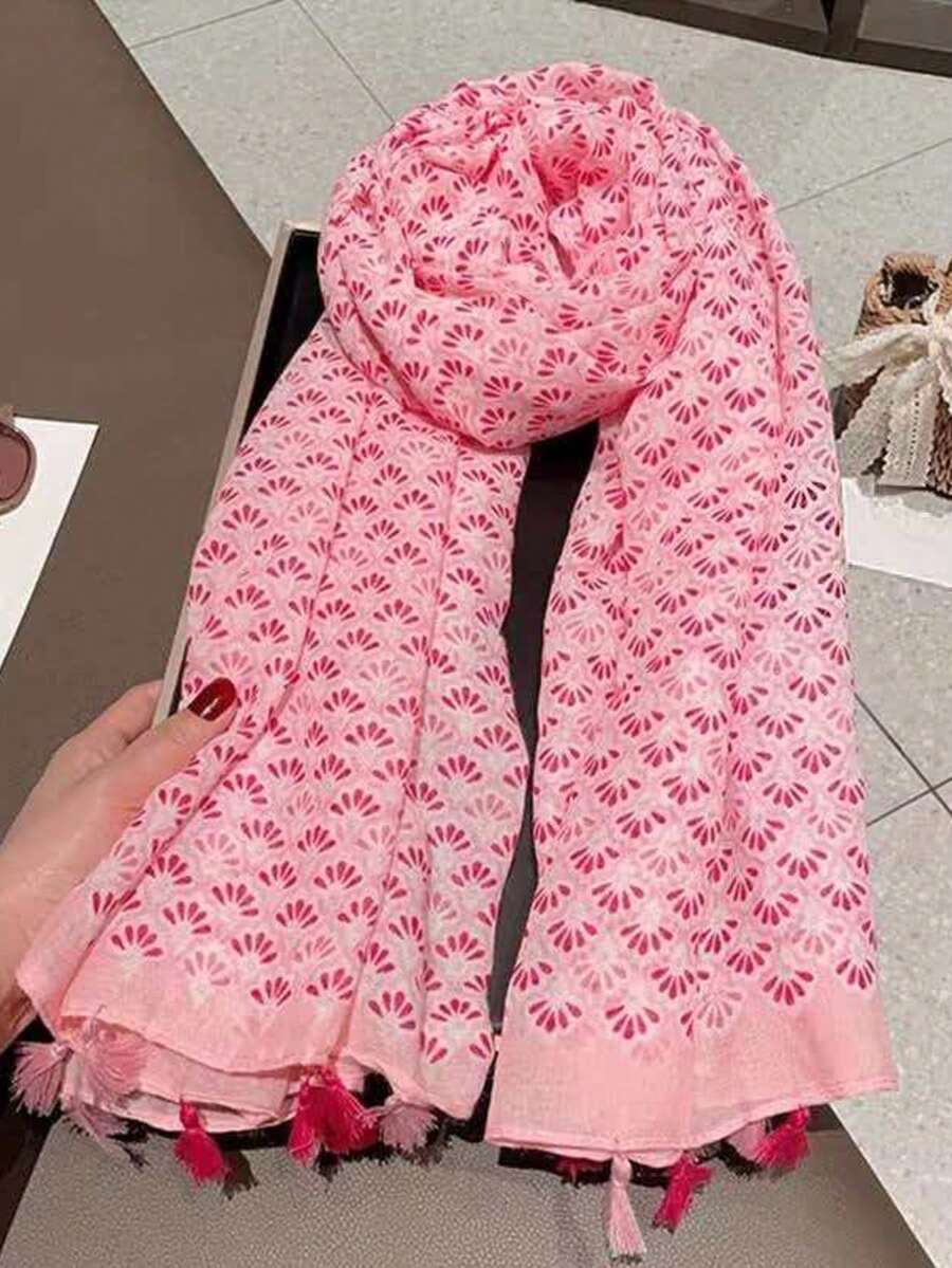 1pc Pink Petal Lightweight Tassel Scarf, Beach Shawl, Sun Protection, Spring/Summer New Arrival - Pink - View 1