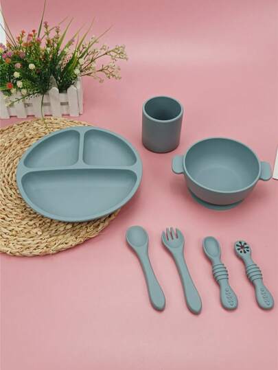 Juego de vajilla de silicona para alimentación, incluye plato, tazón, cuchara y tenedor - Ideal para niños, accesorios de alimentación, regalos personalizados para recién nacidos
