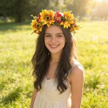 1pc Bohemian Style Artificial Sunflower Headband, Valentine's Day Headpiece, Wedding Photography, Festival Party, Birthday Celebration Hairpiece (Orange) - Yellow - View 5