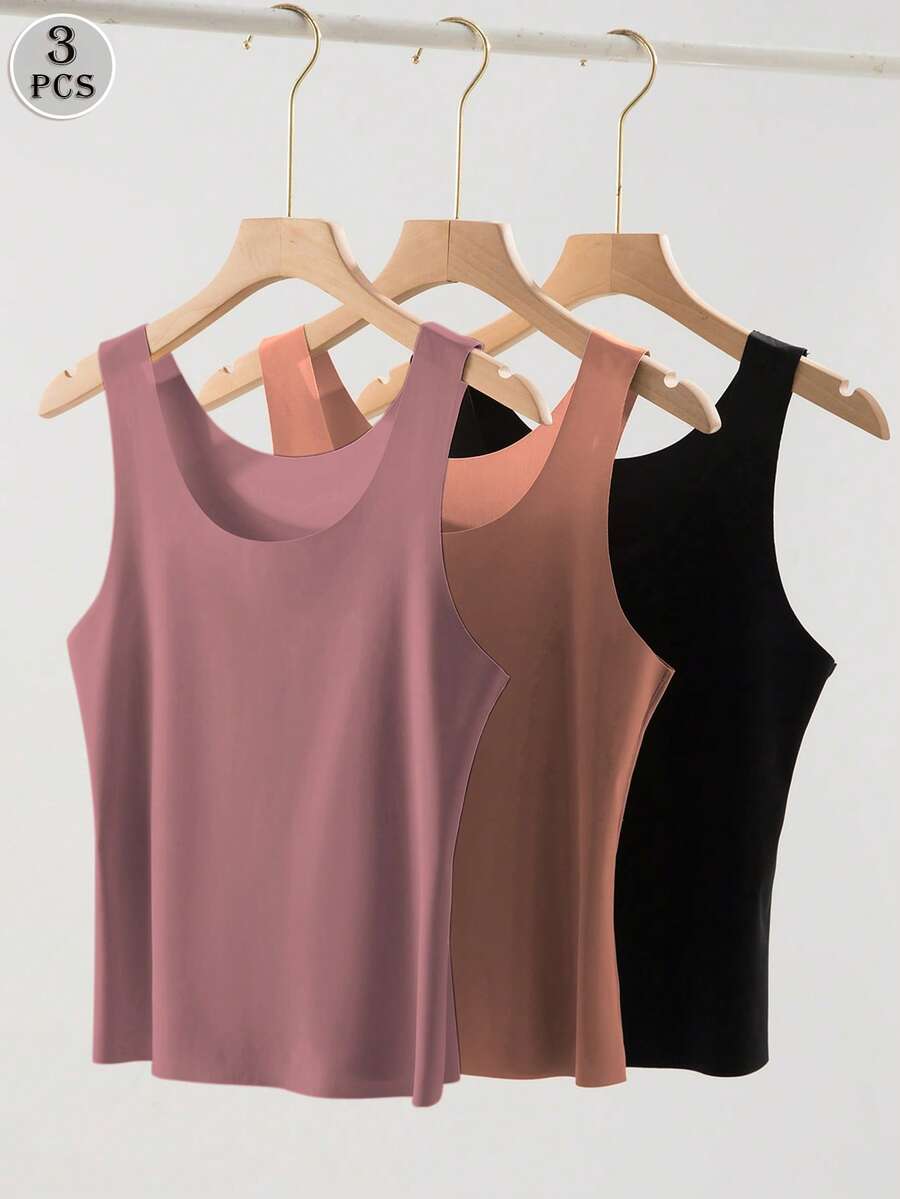 3 piezas Camiseta sin costuras - Camiseta interior sin mangas de cuello redondo suave en colores transparentes/semitransparentes de varios colores - Multicolor - Ver 1