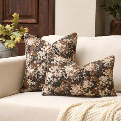 1 Funda de almohada de chenilla vintage sin relleno, funda de almohada con estampado floral estilo bohemio en tonos neutros, adecuada para la sala de estar y el uso en el hogar