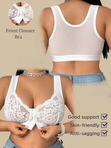Plus Size Minimalist Solid Color Front Closure Lace Patchwork Wireless Comfortable Bra - White - View 3