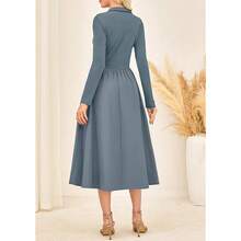 Kasin Women's Fall Long Sleeve Midi Dress 2025 Casual Polo V Neck Ribbed Knit A Line Flowy Work Dresses With Pockets - 藍色 - 查看 4