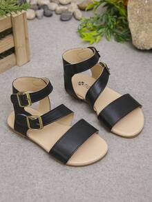 女童黑色双扣罗马凉鞋，软底防滑复古休闲鞋 - 黑色 - 查看 2