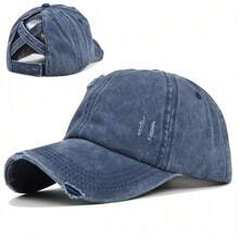 1pc Vintage Washed Criss Cross Ponytail Cap For Women | Distressed Denim Baseball Hat With High Bun Hole - A - View 12
