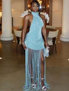 Sexy Halter Neck Backless Draped Bodycon Dress With Long Fringe Hem - Solid Sleeveless Party Maxi Dress Vestidos Elegantes De Mujer Gordita Vestidos De Mujer Casual - 淺藍色 - 查看 4