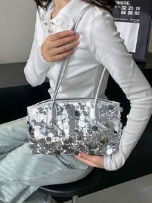 新款流苏亮片手提包，大容量多功能女士单肩托特包 - 銀色 - 查看 2