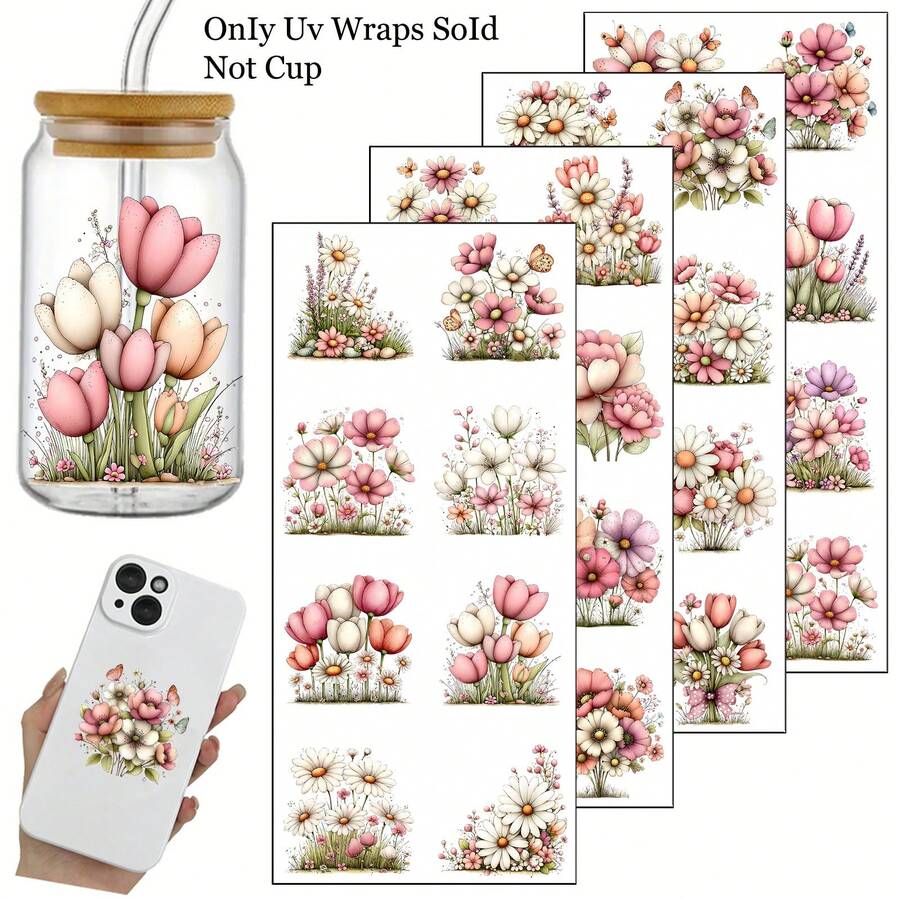32pcs Spring Floral Theme UV Transfer Stickers - Suitable For DIY, Mugs, Laptops And Water Bottles, Self-Adhesive Plastic Stickers, Mug Decor, Laptop Stickers, Holiday Decorations, Vacation Pattern Design, Bicycle Stickers And Decals - Multicolor - View 1