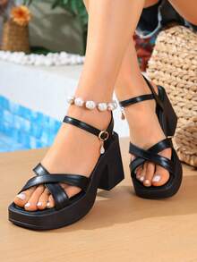 Giày sandal cao gót đế dày quai chéo cho bé gái, mẫu mới ra mắt đầu xuân 2026, sandal đế xuồng mũi vuông một quai. - màu đen - Xem 1