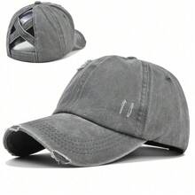 1pc Vintage Washed Criss Cross Ponytail Cap For Women | Distressed Denim Baseball Hat With High Bun Hole - A - 查看 11