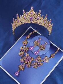Bộ trang sức 4 món kiểu hoàng gia sang trọng với pha lê, dây chuyền, bông tai và vương miện, thích hợp cho đám cưới, tiệc tùng và sự kiện. - Nhiều màu - Xem 8