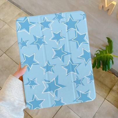 1pc High-End Blue Star Element Elegant Black Shockproof Tri-Fold Case With Non-Leakage Seal, Acrylic Backboard, Sleep/Wake Function, Protective Camera Lens, Fashionable & Suitable For Both Men And Women, Ideal Choice For Fashion Enthusiasts, Minimalist & Stylish Tablet Case Compatible With IPad 10.2 8th Gen 2020/Air 11-In.(M2)-2024/Pro11-In.(M4)-2024/10th Generation/11th A16/Pro12.9 /Air 4/5 10.9"/Pro 11"(2022)/Honor/