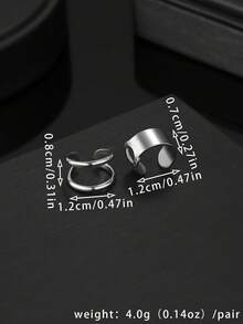 一套两只不锈钢镂空椭圆孔时尚耳夹，男士无耳洞耳环 - 銀色 - 查看 4