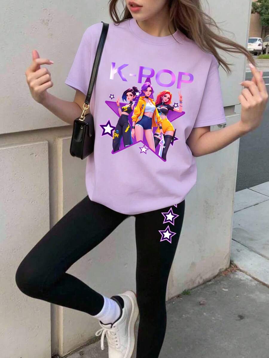 两件套青少年韩流服饰，宽松动漫偶像团体图案T恤和打底裤，渐变“K-POP”和星星印花，夏季返校休闲街头风 - 紫色 - 查看 1