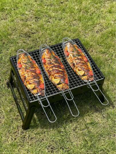 1/2/4 piezas Rejilla portátil de acero inoxidable para asar pescado con mango largo, estructura resistente y duradera, adecuada para asar pescado entero, filetes de pescado, mariscos, verduras, excelente para barbacoas al aire libre, camping, picnic, fiestas, cocina de verano, evita que se caiga la comida, fácil de transportar