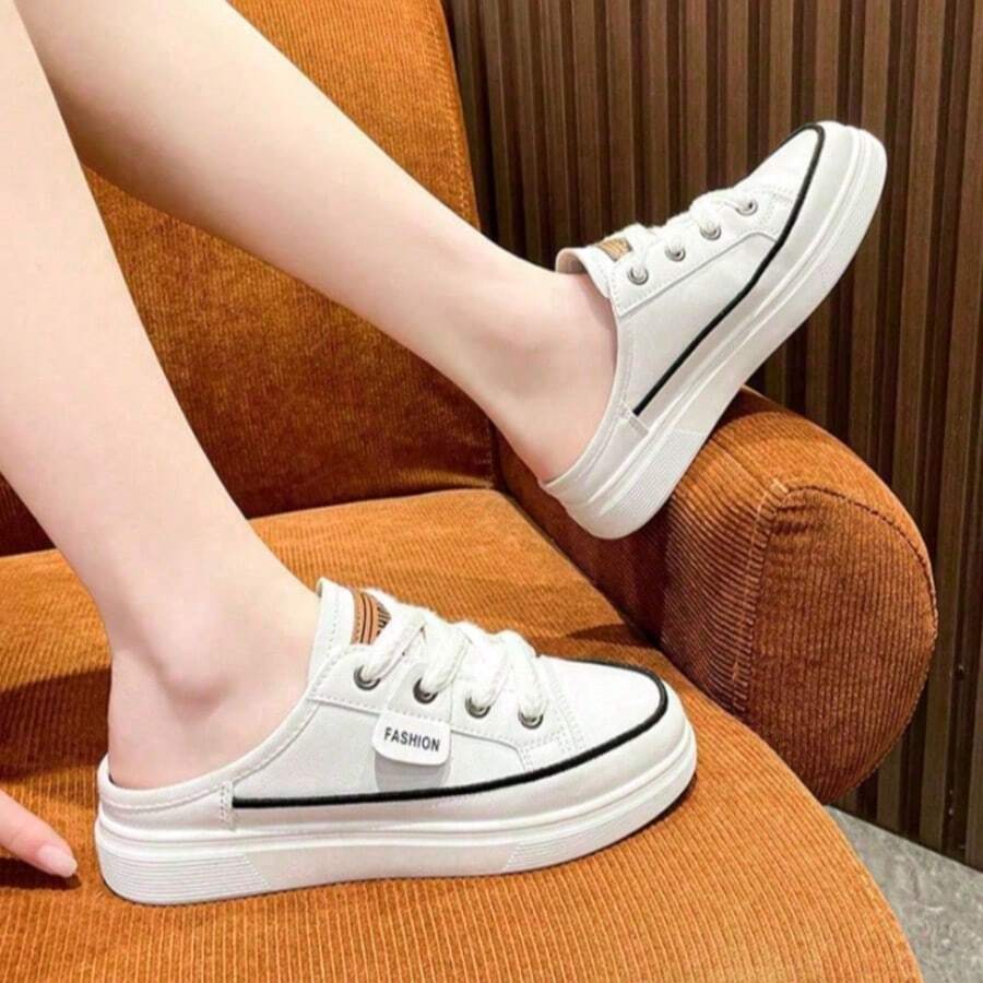 Women's Mule-Style Platform Casual Sneakers - Synthetic Leather Upper, Lace-Up Decor, Backless Lazy Design, Elevated Non-Slip Thick Sole, Perfect For Spring/Summer Daily Outings & Commute - 白色 - 查看 1