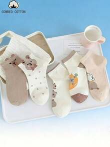 5 Pairs Cartoon Bear Pattern Short Socks, Korean Fashion Thin Breathable Ankle Socks, Spring/Summer - Multicolor - View 6