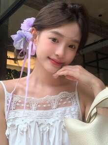 Gentle & Elegant Purple Flower Hair Clip With Ribbon Bow, Sweet Duck Clip Side Hairpin, Atmospheric Hair Accessory For Women - Mauve Purple - View 4