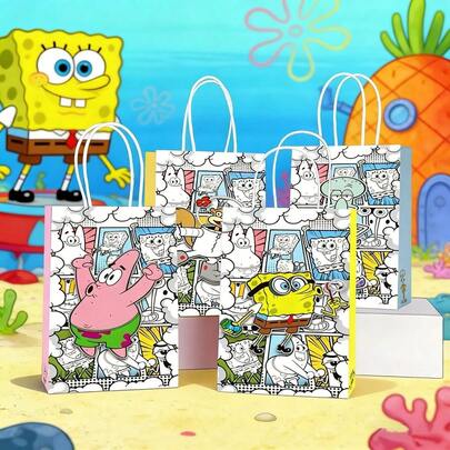 SpongeBob SquarePants 12个/4个装 海绵宝宝卡通主题糖果袋，派对和节日生日装饰袋，礼品派对用品，纸袋，牛皮纸袋，糖果袋，趣味手提袋，适合作为可爱的派对礼品袋、复活节派对用品、开斋节礼物、母亲节礼物，非常适合粉丝派对和生日礼物，为任何场合增添乐趣。（款式随机）