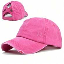 1pc Vintage Washed Criss Cross Ponytail Cap For Women | Distressed Denim Baseball Hat With High Bun Hole - A - View 8