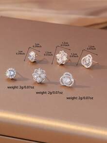 3pcs/Set Elegant Rhinestone Flower & Square Stud Earrings, Versatile For Daily, Work, And Party Wear - Multicolor - View 3