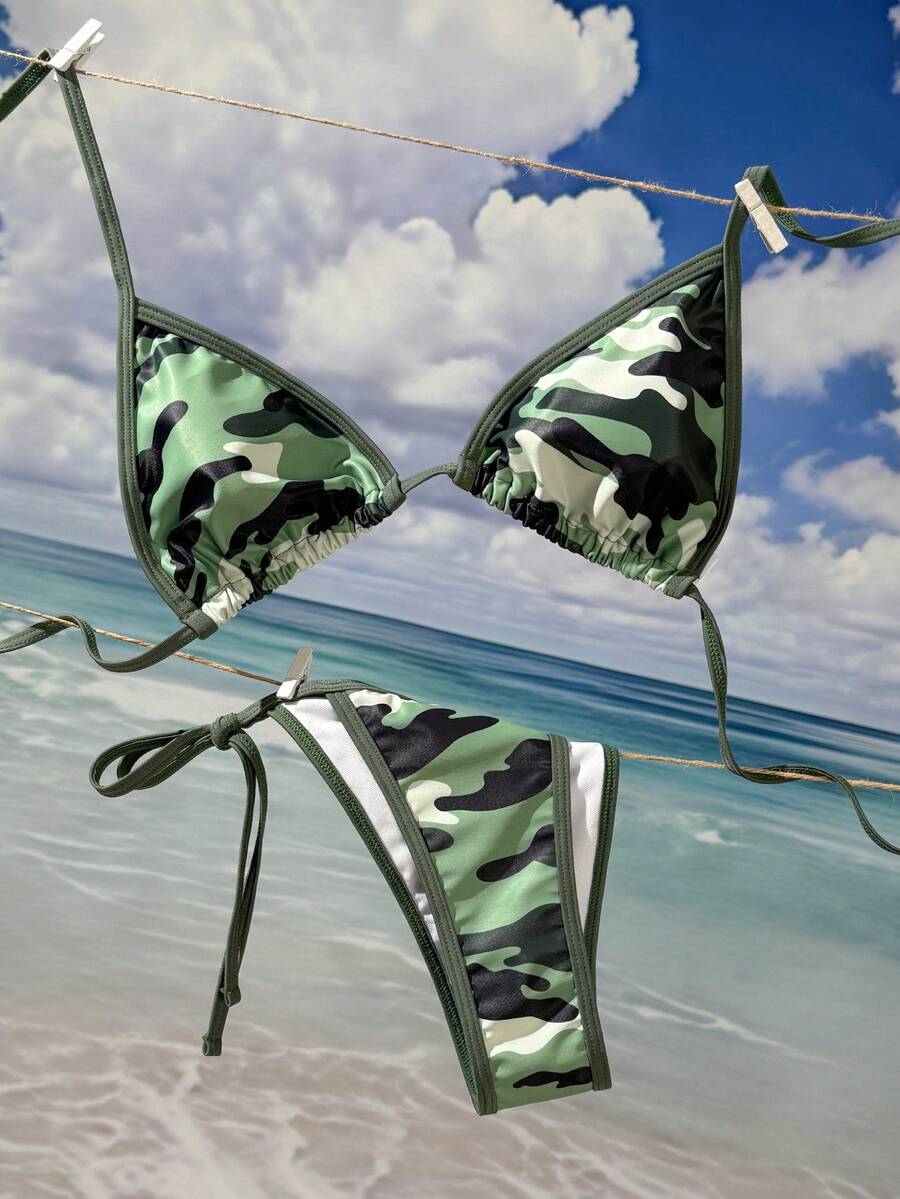 2026 女士粉色迷彩印花性感比基尼上衣，可调节侧系带三角泳裤套装，适合海滩度假 - 軍綠色 - 查看 1