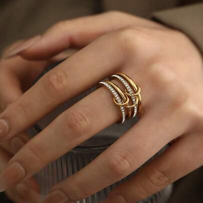 Stainless Steel Multi-Layer Stackable Ring, Elegant Ins Style Rhinestone Inlaid, Versatile Creative Niche Fashion Design Ring