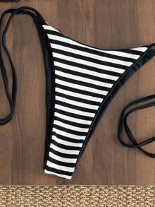 女士性感时尚简约休闲别致两件式泳衣套装，条纹挂脖系带比基尼，适合海滩、旅行、派对、春夏穿着 - 黑與白 - 查看 4