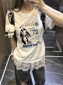 Y2K日系女款夏季动漫少女印花短袖T恤，宽松圆领甜美辣妹风休闲T恤 白色 - 白色 - 查看 4