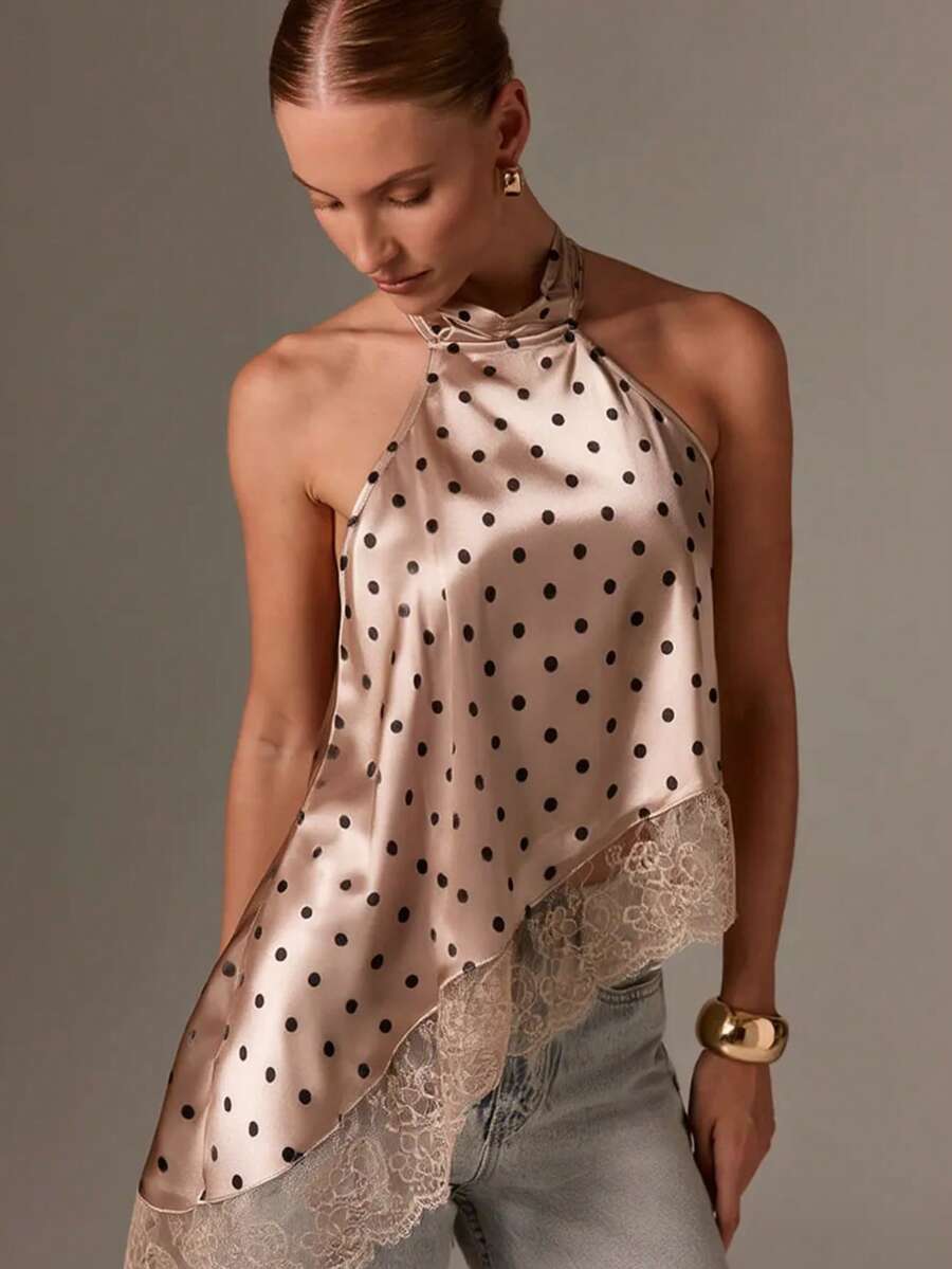 女士优雅波点无袖缎面吊带上衣，采用波点印花和不对称蕾丝饰边细节，性感露肩无袖设计，适合约会、度假、音乐会和节日穿着。 - 摩卡棕 - 查看 1
