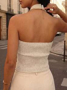 Women's Elegant Off White Halter Neck Cross Wrap Fitted Vest Top, Chic Parisian Style Top - Apricot - View 9